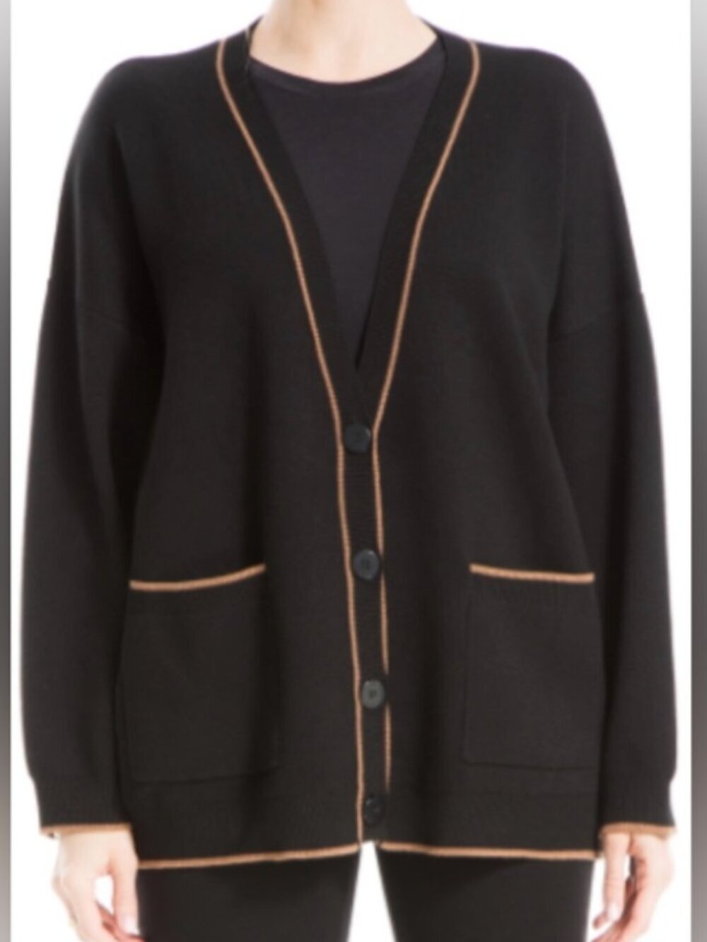 Max Studio Tipped Oversized Cardigan - Black With a Contrasting Tan Trim - Picture 1 of 6